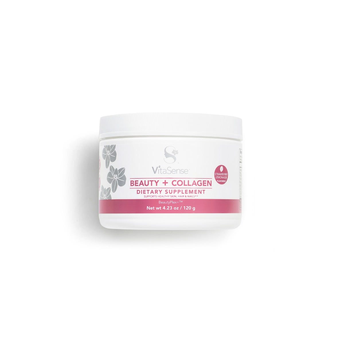 A white supplement tub with a pink label band, VitaSense™ Beauty + Collagen.