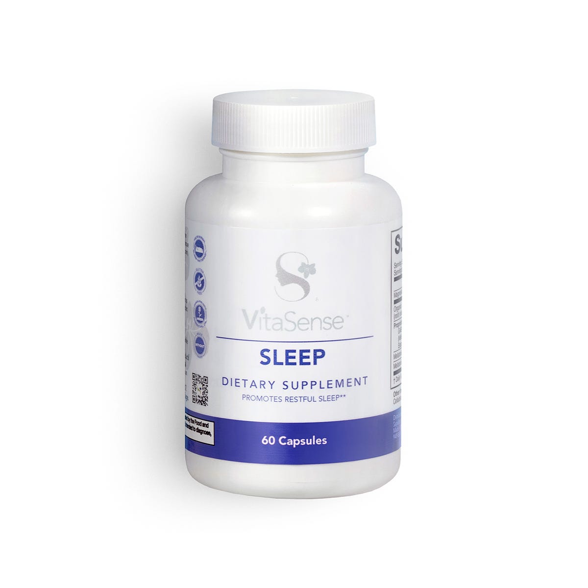 A white supplement bottle with a blue label band, VitaSense™ Sleep Supplement.