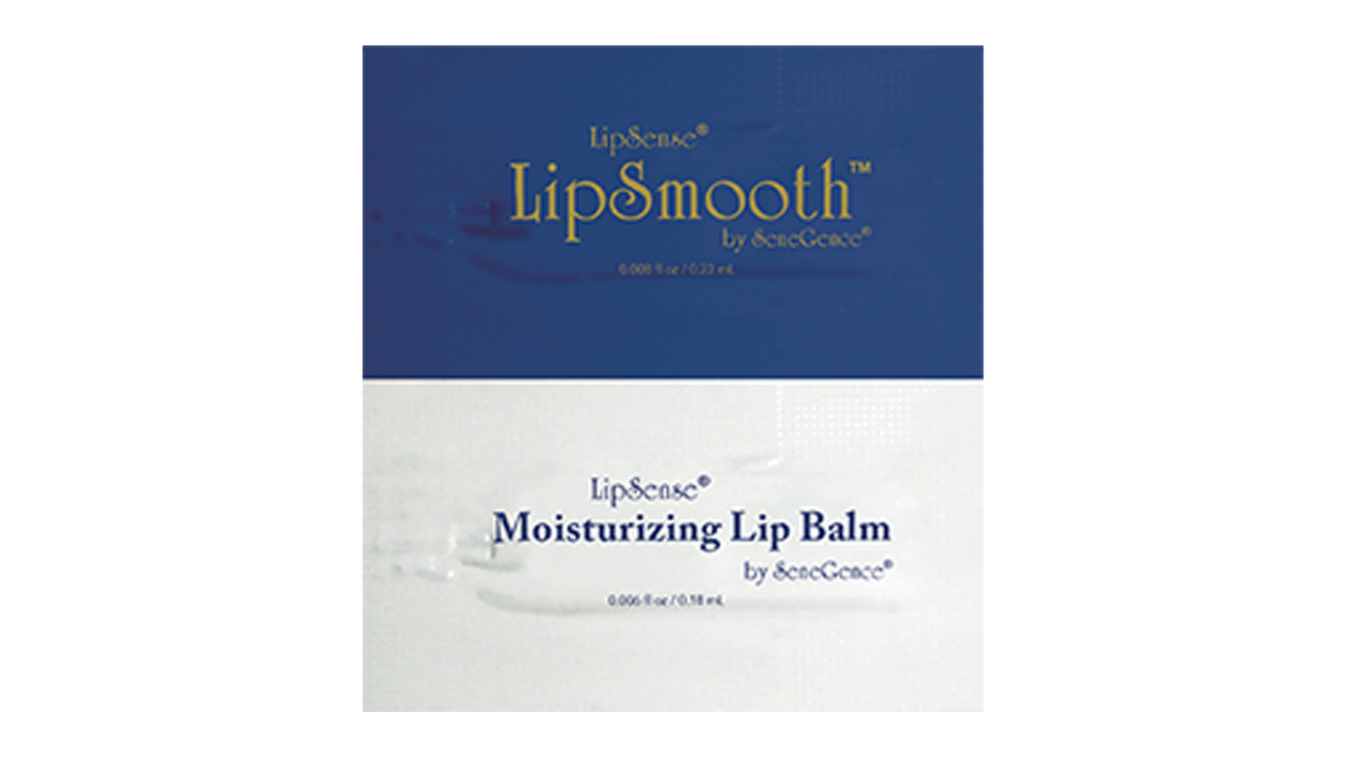 Two joined sample sachets, a navy-blue LipSmooth sachet with gold lettering above a white LipSense Moisturizing Lip Balm sachet with blue lettering, LipSmooth® and Lip Balm Duo Sample.