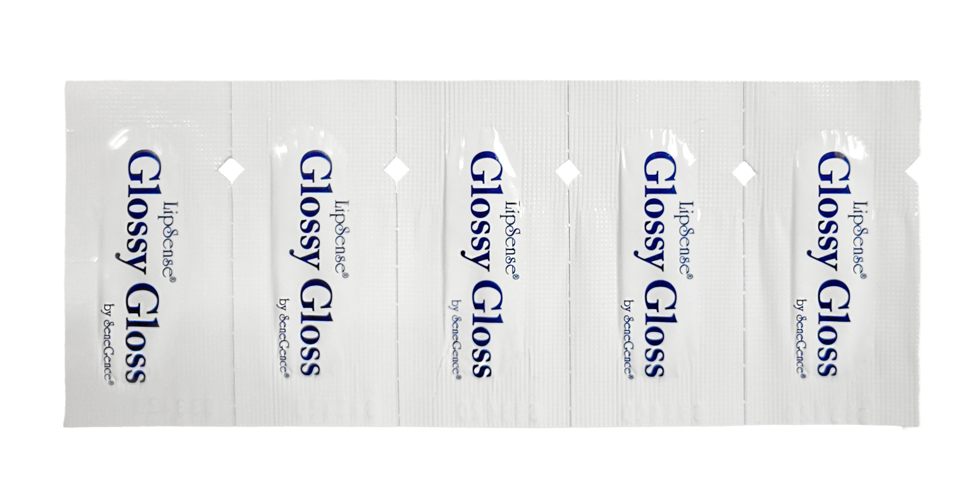 A strip of five white Glossy Gloss sample sachets, LipSense Moisturizing Gloss 5ct - Clear.