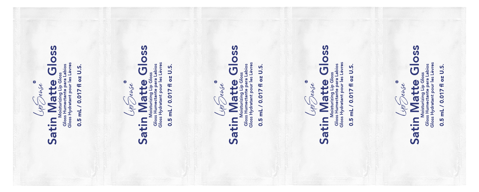 A strip of five white Satin Matte Gloss sample sachets, LipSense Moisturizing Satin Matte Gloss 5ct.