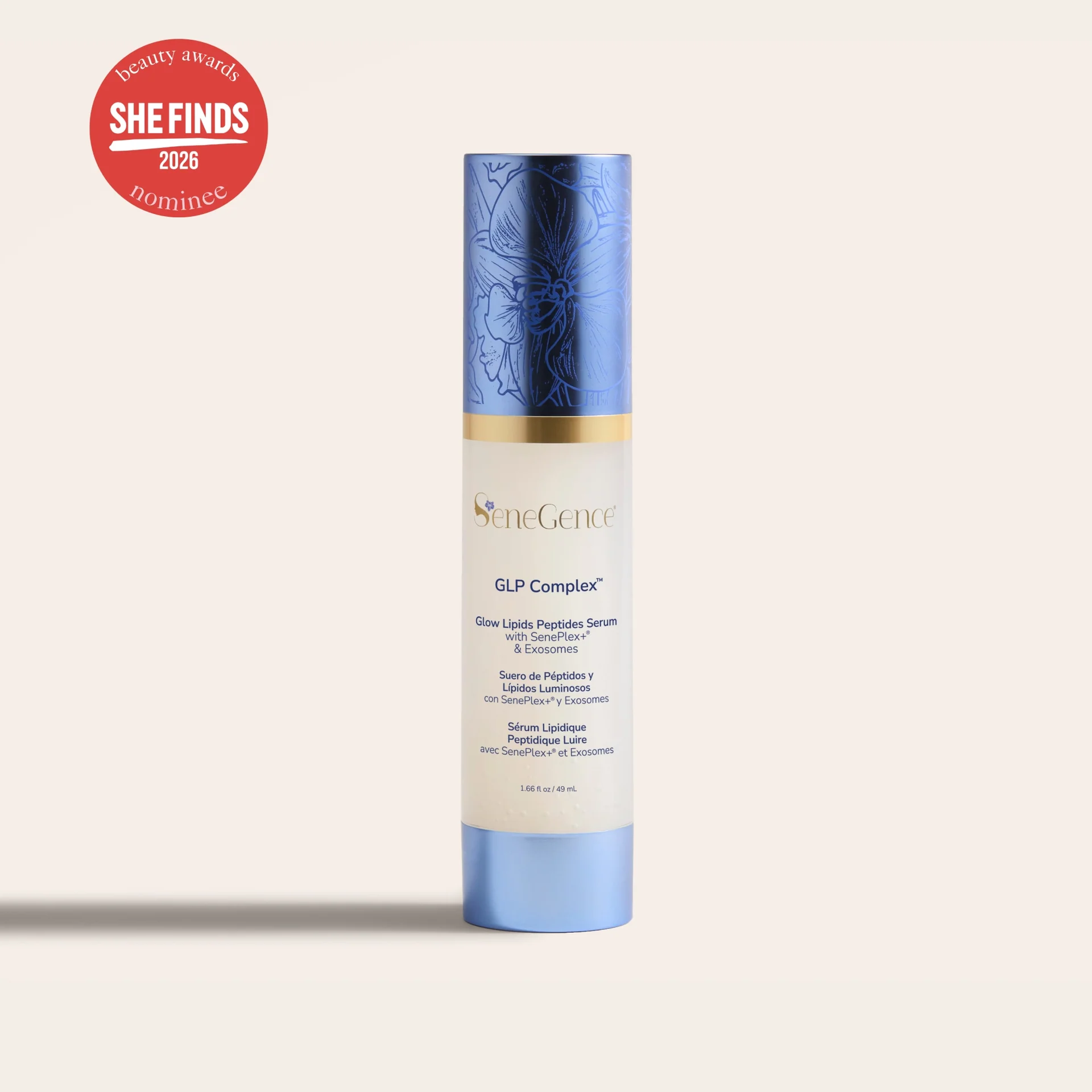 A GLP Complex™ serum bottle angled across a blue water background with droplets and its white pump exposed, beside the catalogue text naming its Glow Lipids Peptides formula.